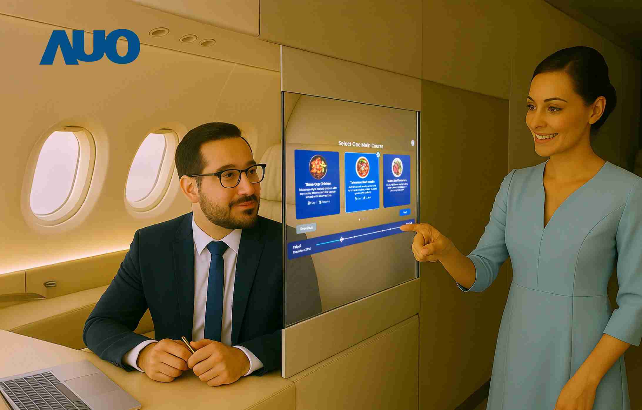 NG大舞台研发全球最薄17.3 吋双面透明 Micro LED 显示器，，，可在同一屏幕之双边投射不同信息，，创造独特的”透明化”互动；图为实时翻译交流应用情境